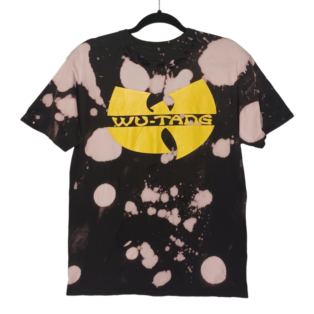 WU-TANG Bleached Distressed Upcycled Short Sleeve Black Yellow T Shirt Medium